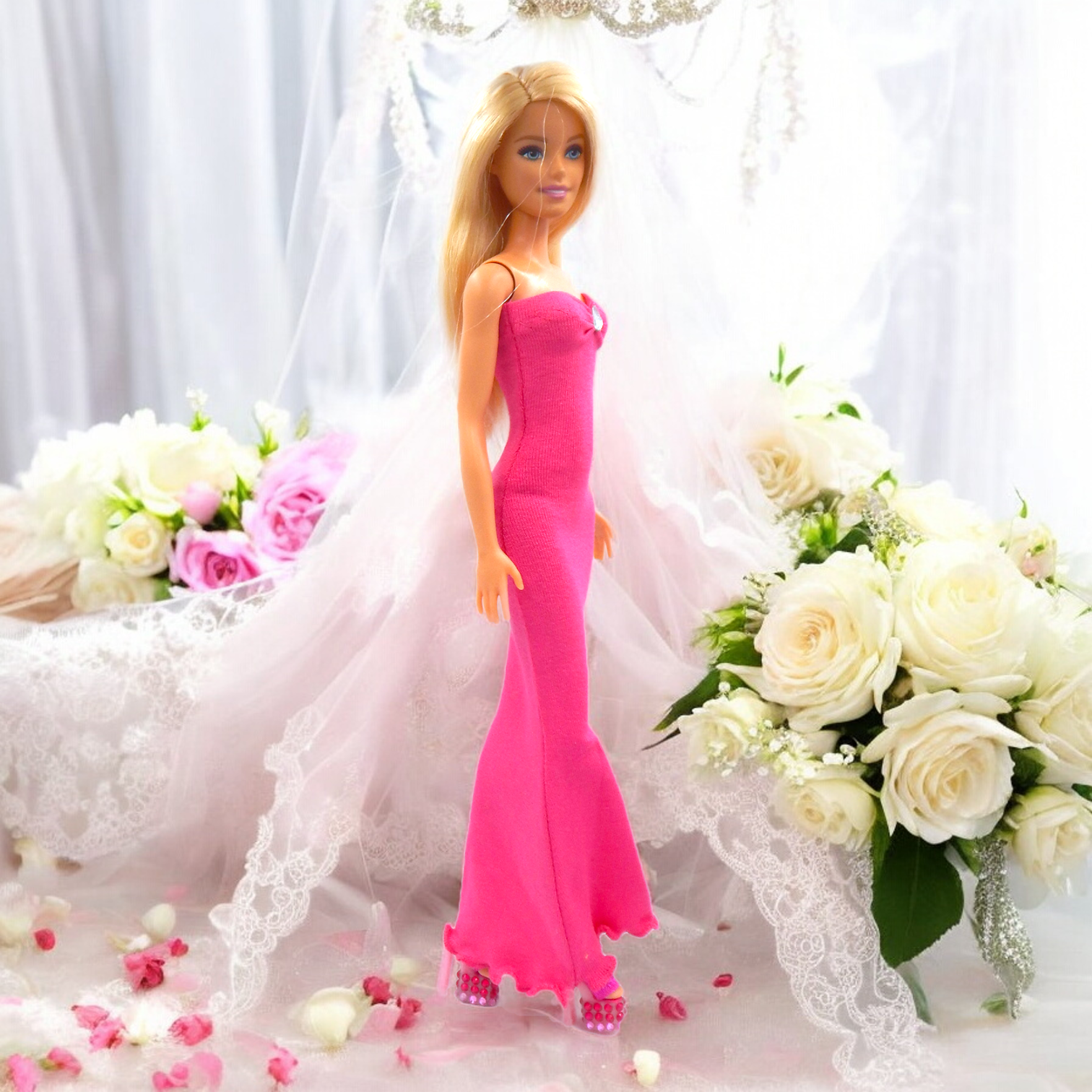 Pink sellő fazonú barbie ruha kristállyal