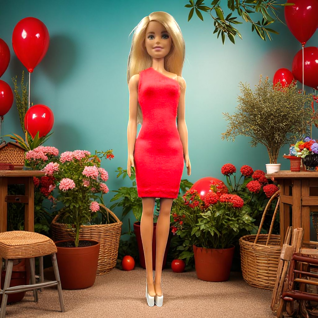 Egyszínű piros egyvállas barbie ruha
