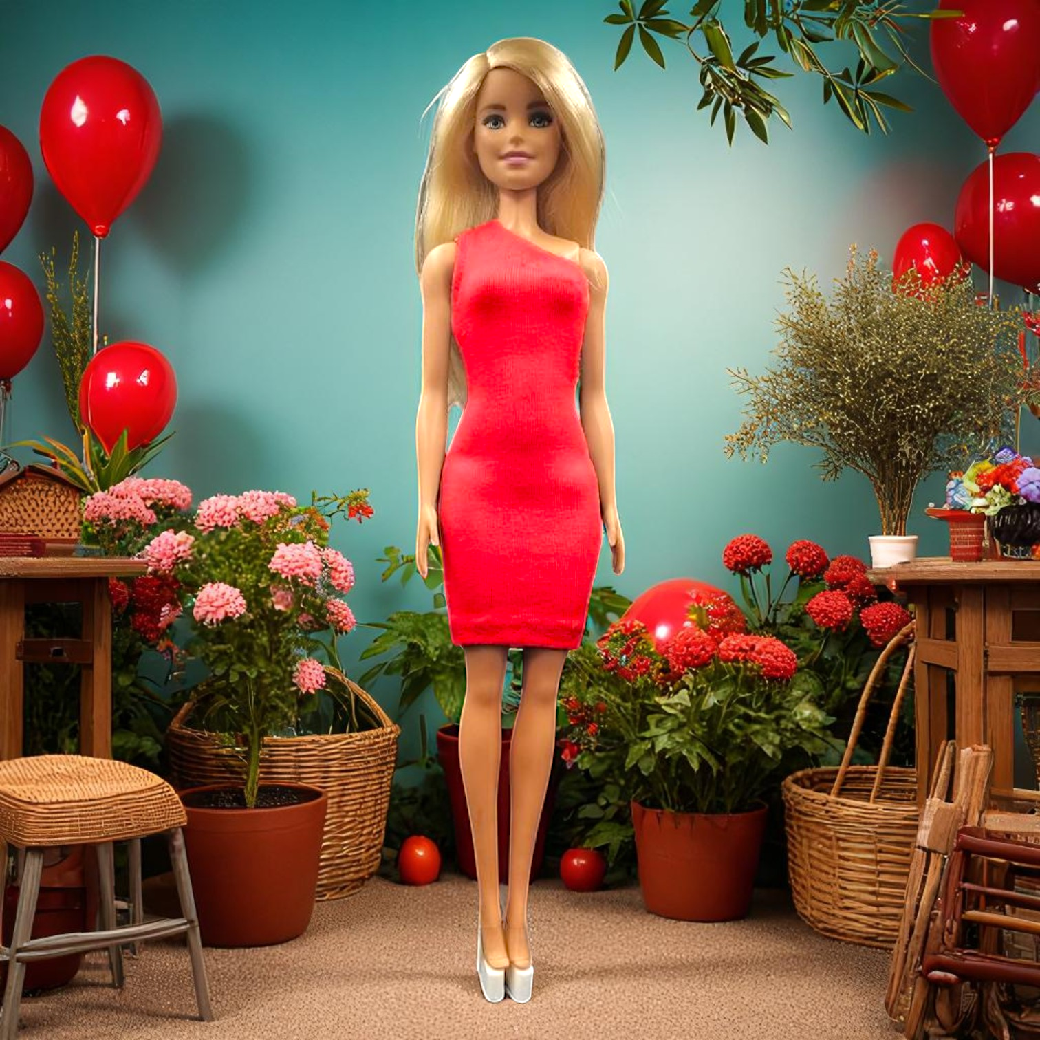 Egyszínű piros egyvállas barbie ruha