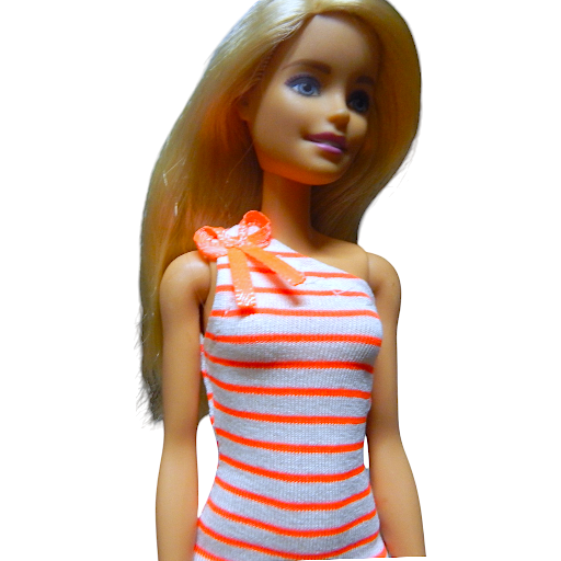 Narancs–fehér csíkos, masnis, egyvállas barbie ruha