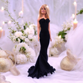Extra hosszú fodros fekete sellő fazonú barbie ruha