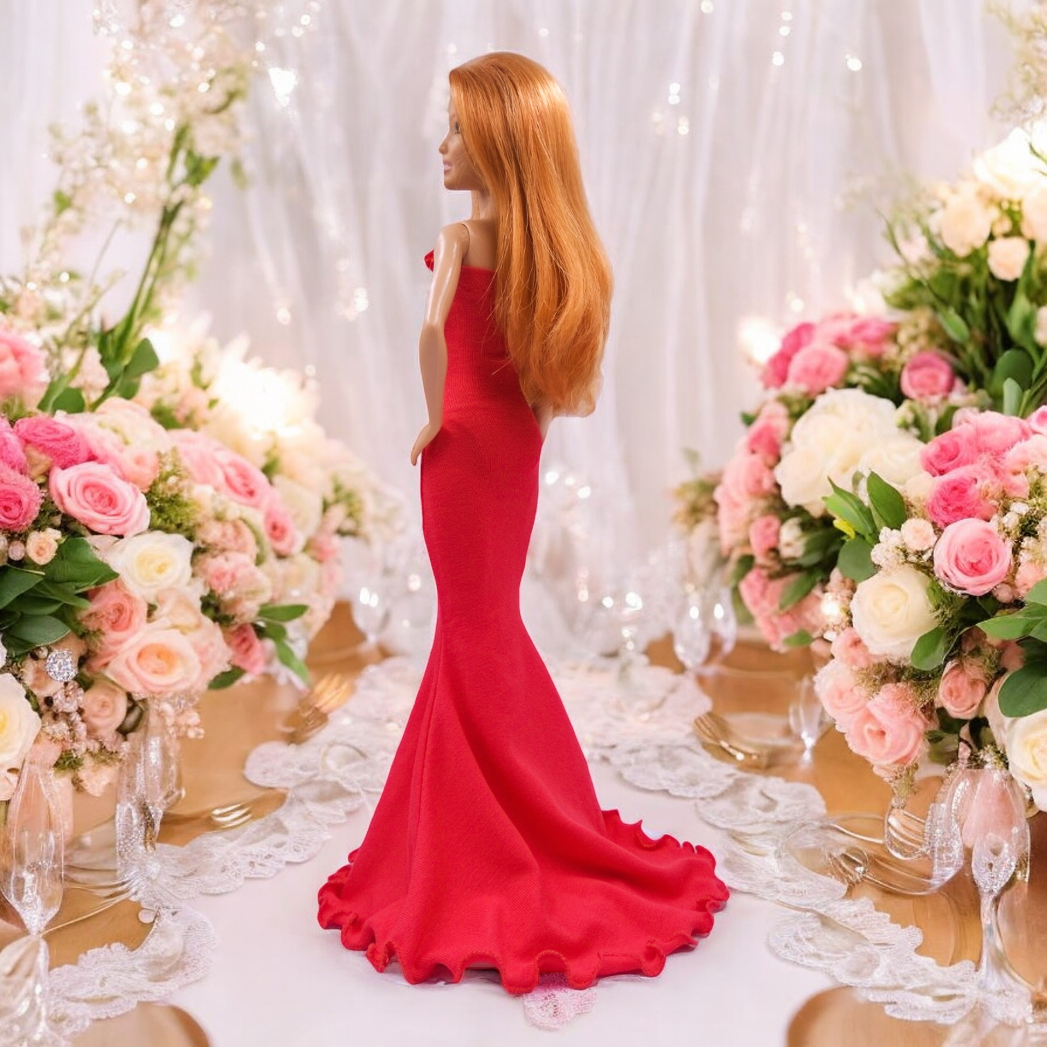 Extra hosszú fodros piros sellő fazonú barbie ruha