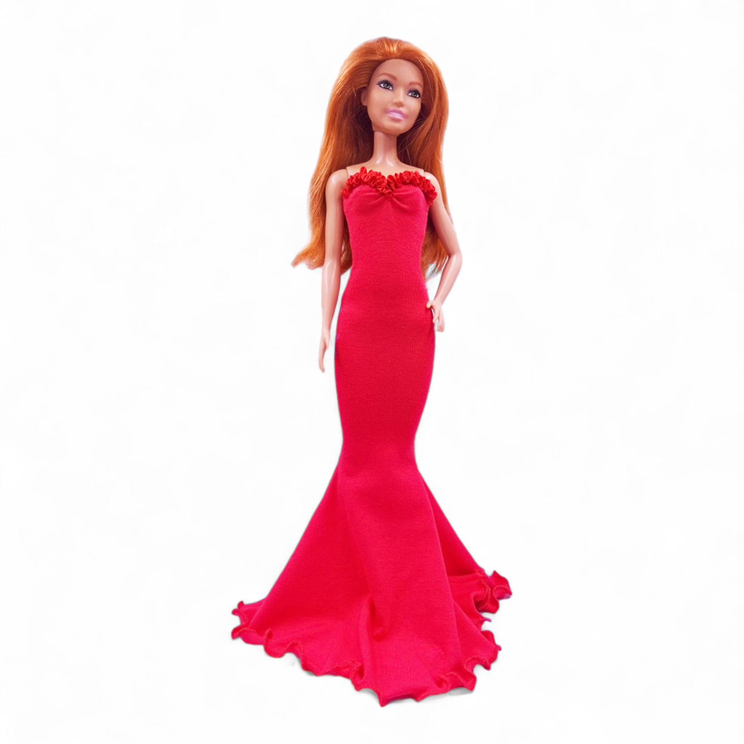 Extra hosszú fodros piros sellő fazonú barbie ruha