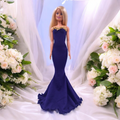 Extra hosszú fodros sötétkék sellő fazonú barbie ruha