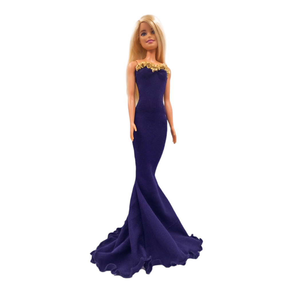 Extra hosszú fodros sötétkék sellő fazonú barbie ruha