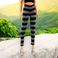 Szürke–fehér csíkos barbie leggings, magas derekú nadrág