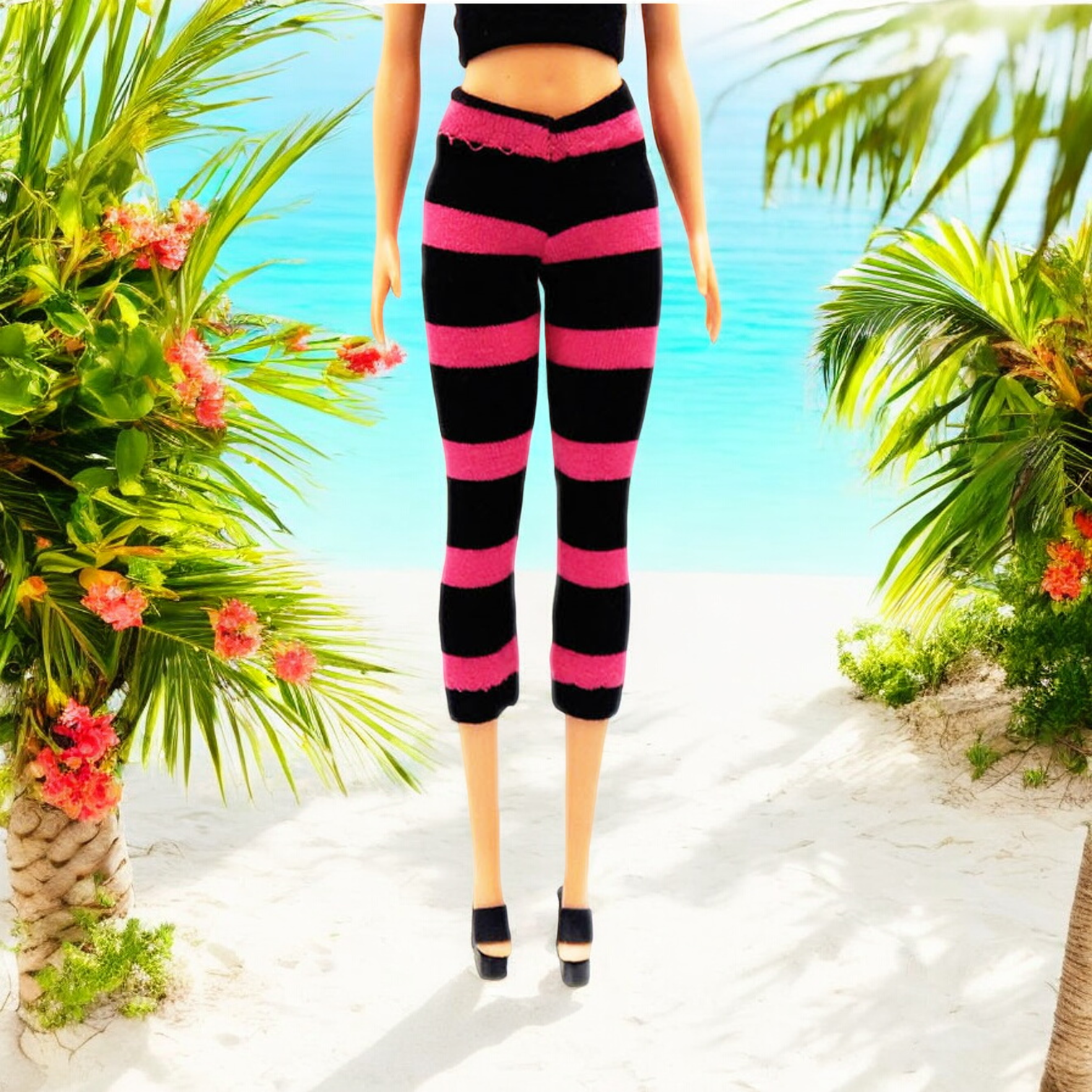 Pink–fekete csíkos barbie capri leggings