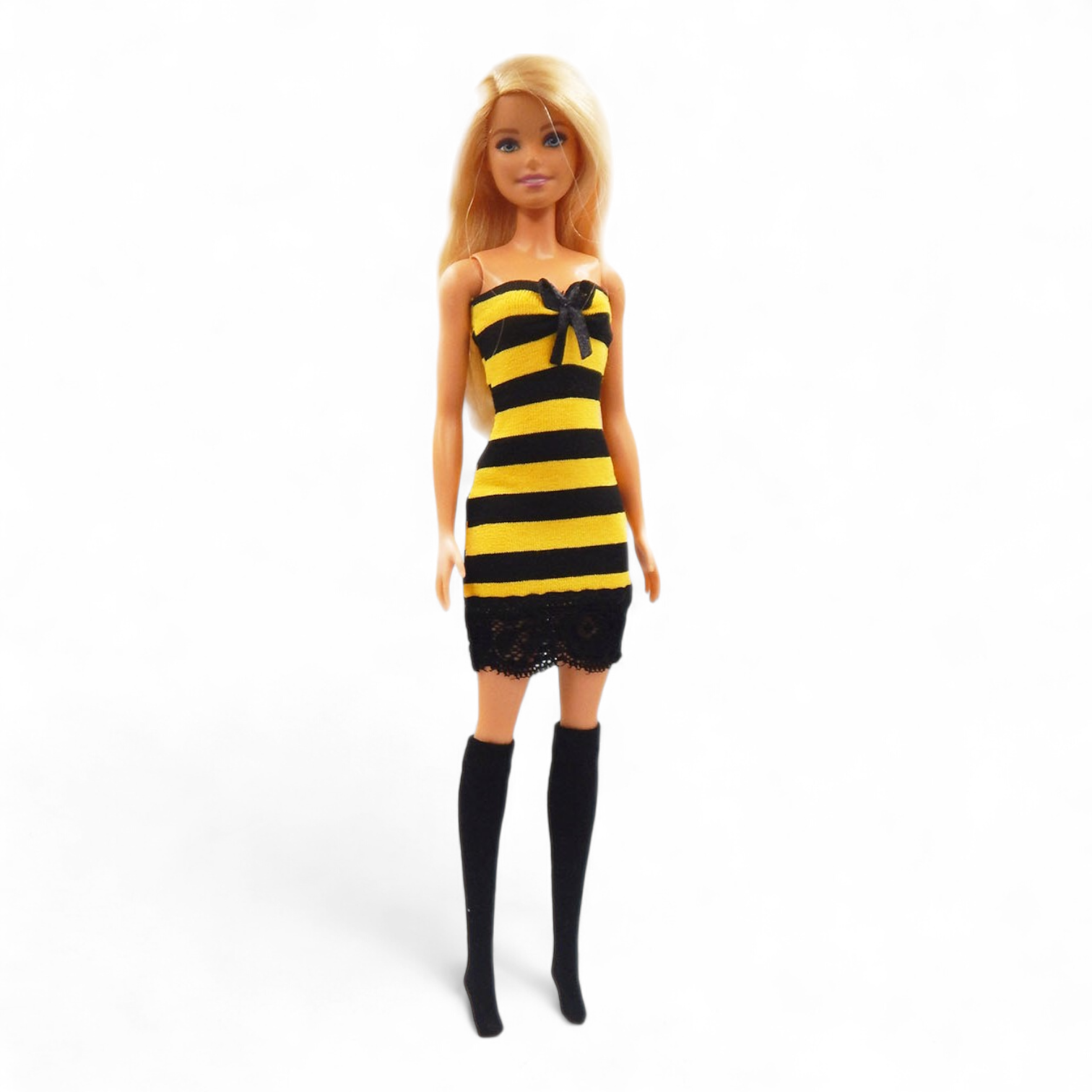 Méhecske csíkos barbie miniruha fekete csipkével