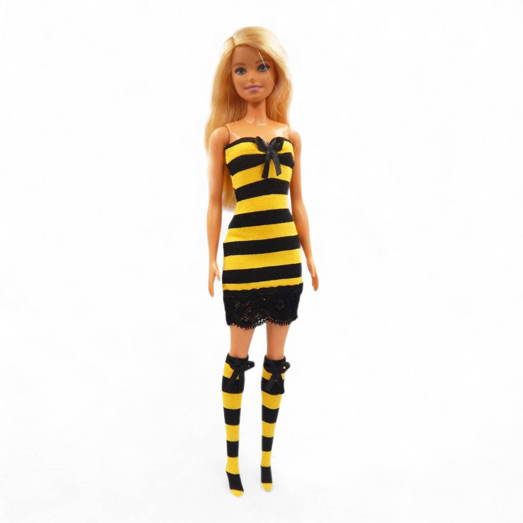Méhecske csíkos barbie miniruha fekete csipkével