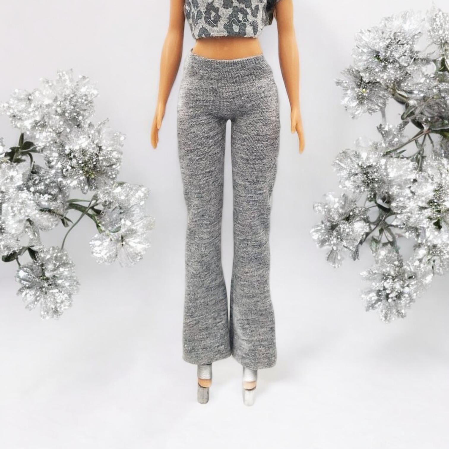 Melírozott szürke barbie trapéznadrág, magas derekú fazon