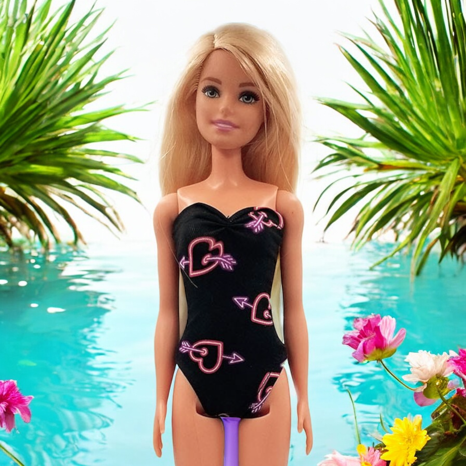 Fekete, neon szívecskés barbie fürdőruha