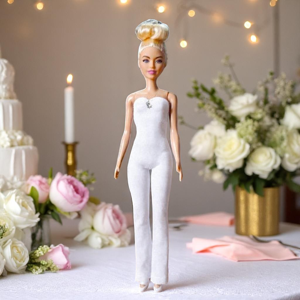 Fehér overall barbie babákhoz esküvős háttér, teljes alak
