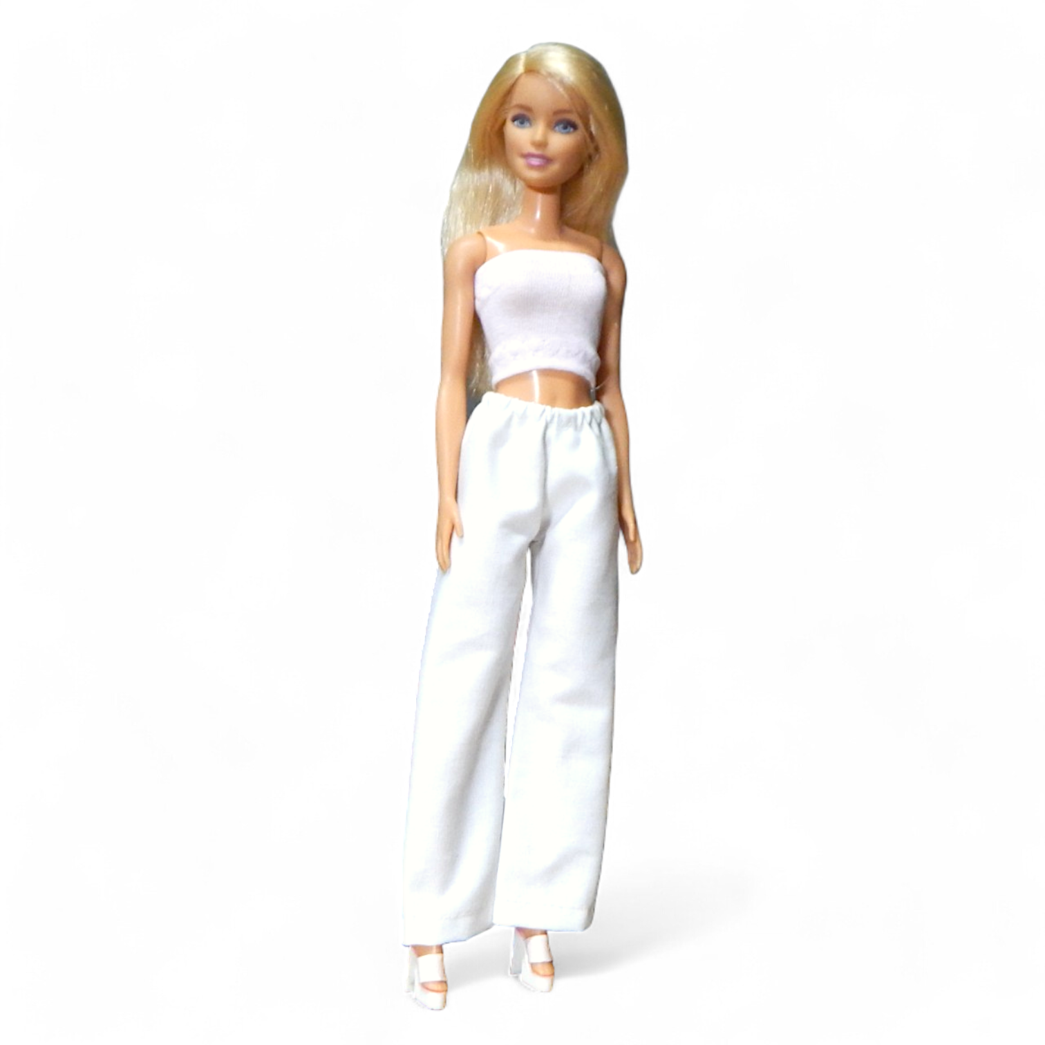 Bő fehér vászonnadrág barbie babákhoz előlnézet 2, fehér háttér
