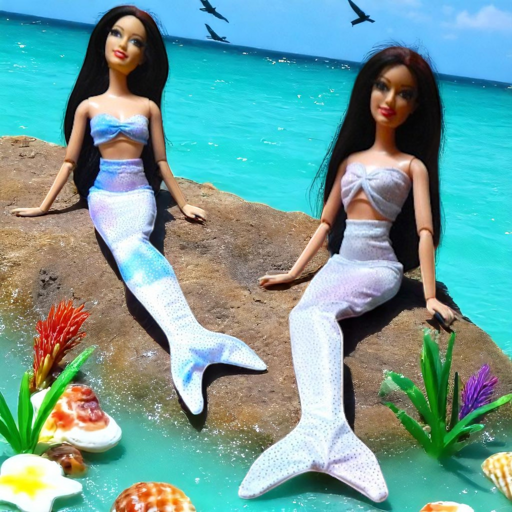 Csillogó kék-rózsaszín sellő ruha szett barbie babákhoz tengerpartos közelkép
