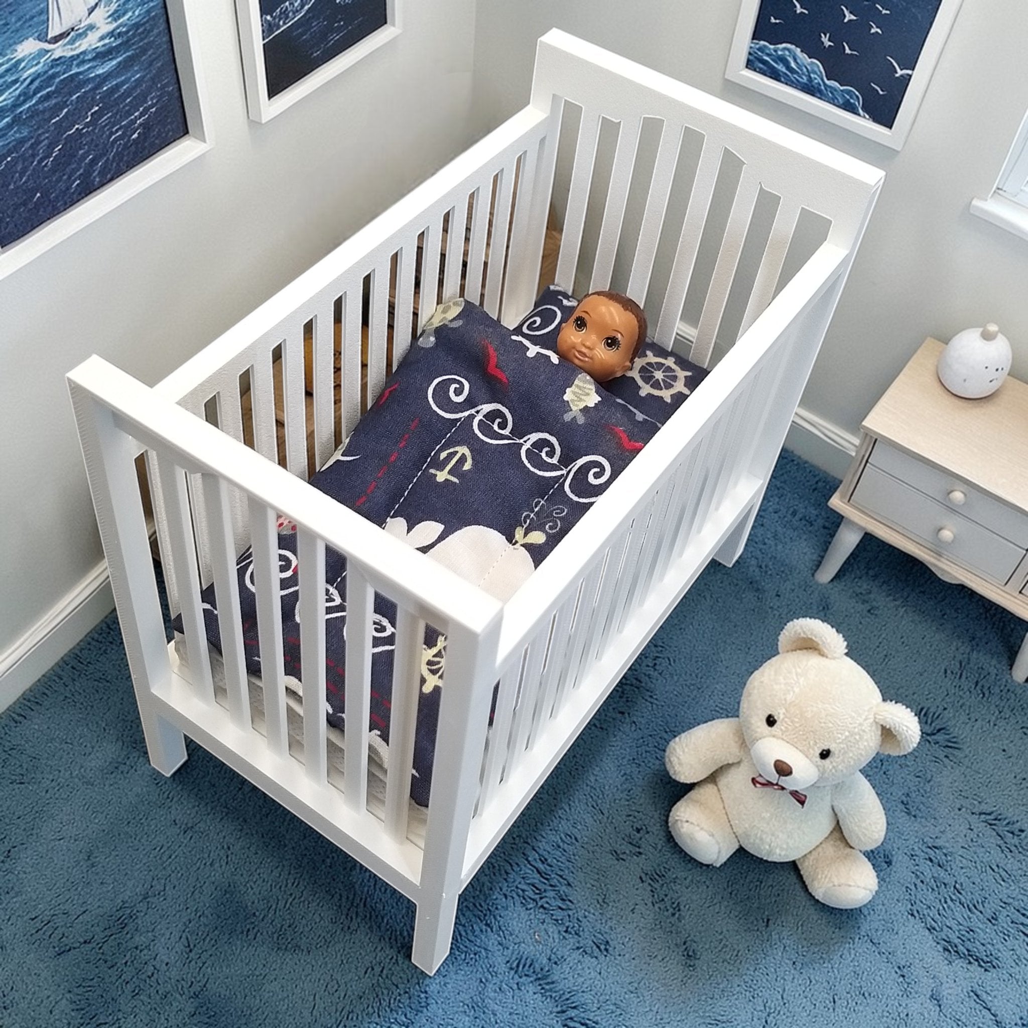 sötétkék barbie baba ágynemű bálna mintával
