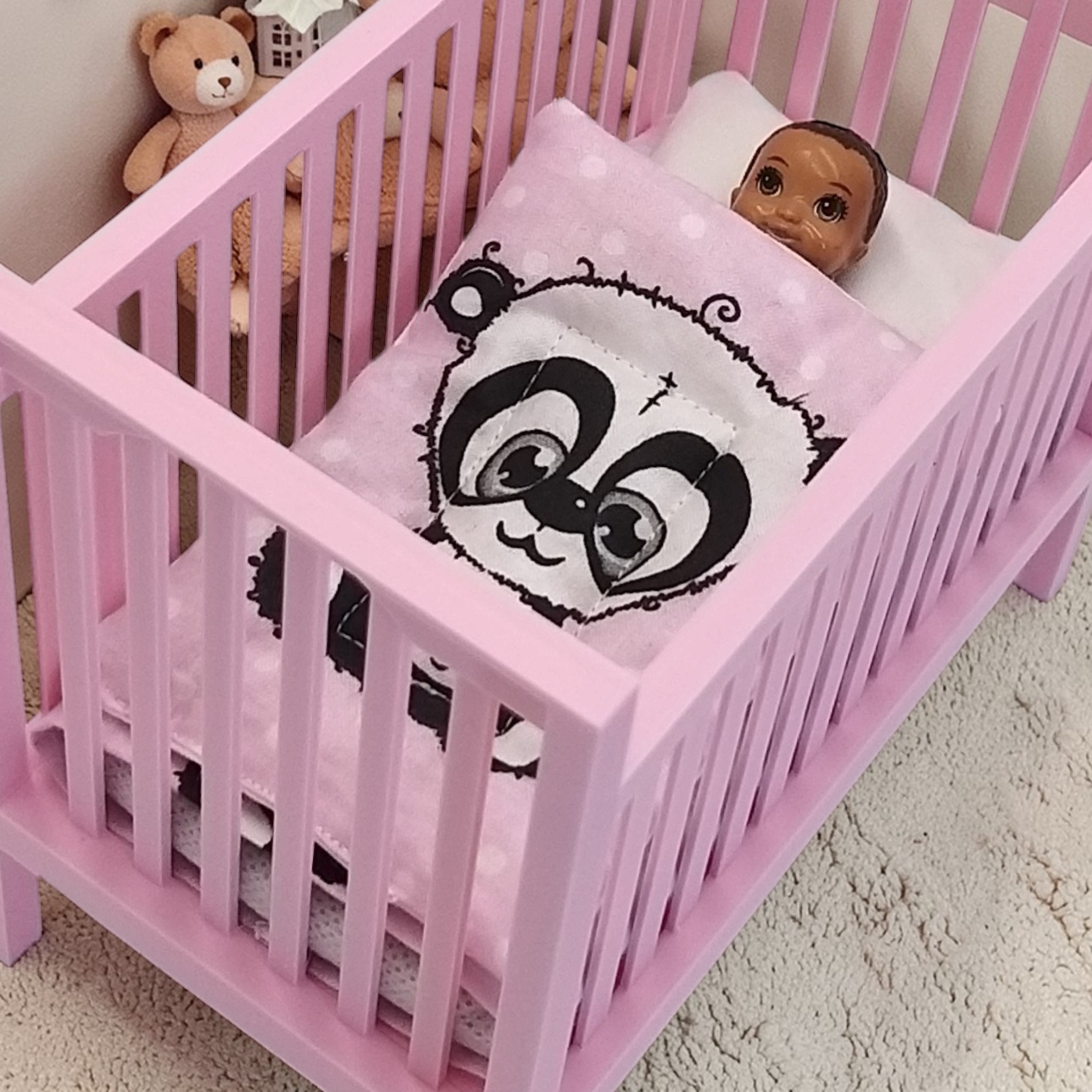 rózsaszín panda mintás baba ágynemű barbie babákhoz
